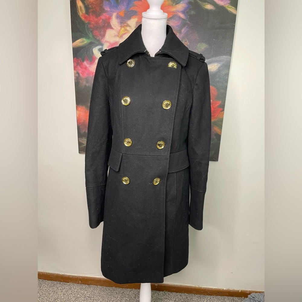 Michael Kors Women’s Black Wool Pea Coat Double Breast Golden Buttons Sz 4